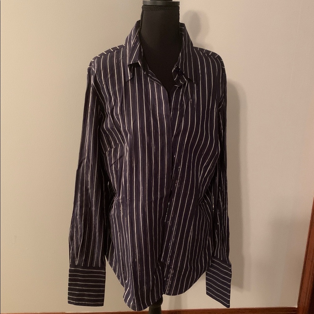 Moda International Navy and White Striped Button Down Shirt